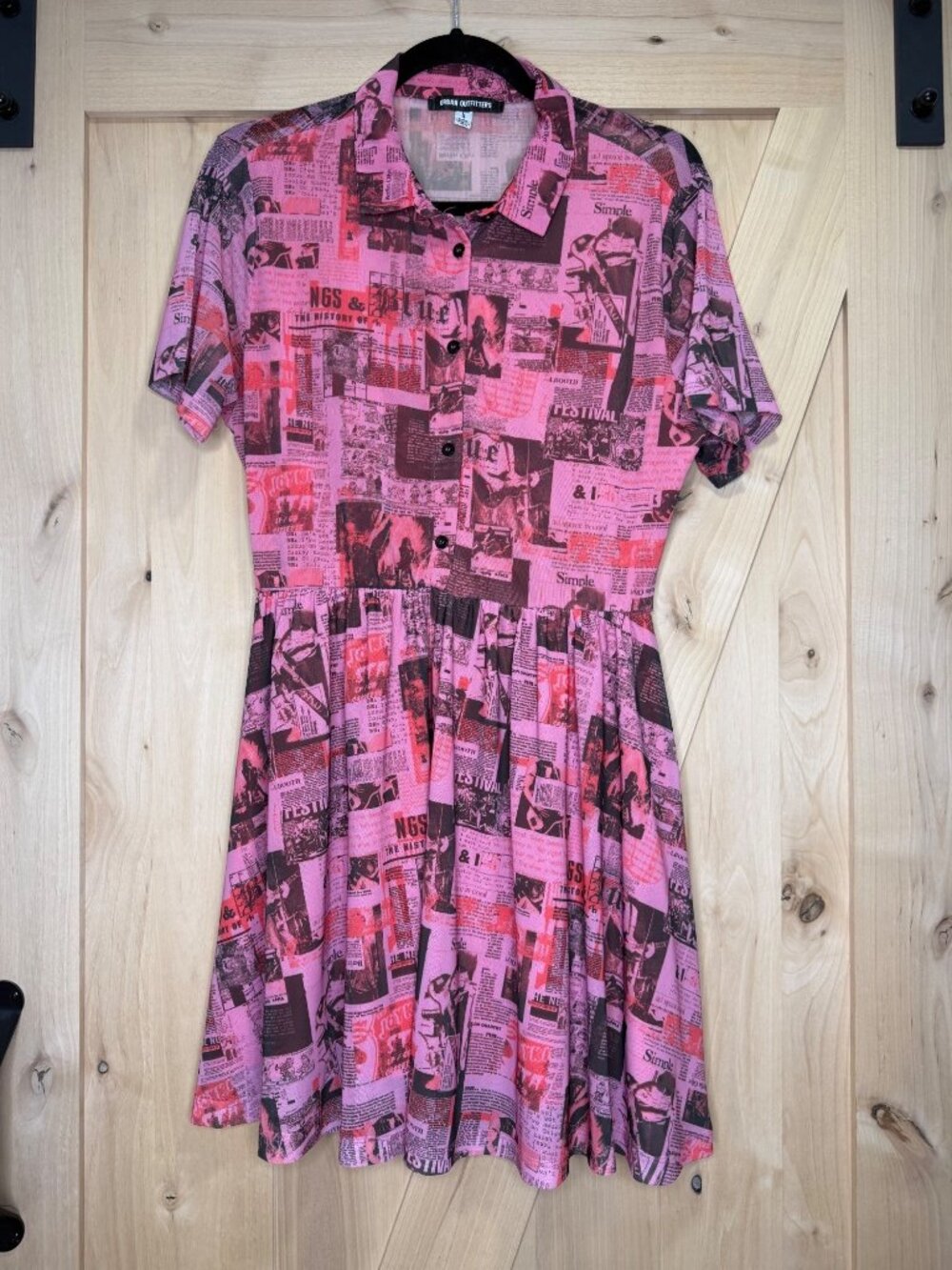 Urban Outfitters Pink Newspaper Print Button-Front Short-Sleeve Dress L